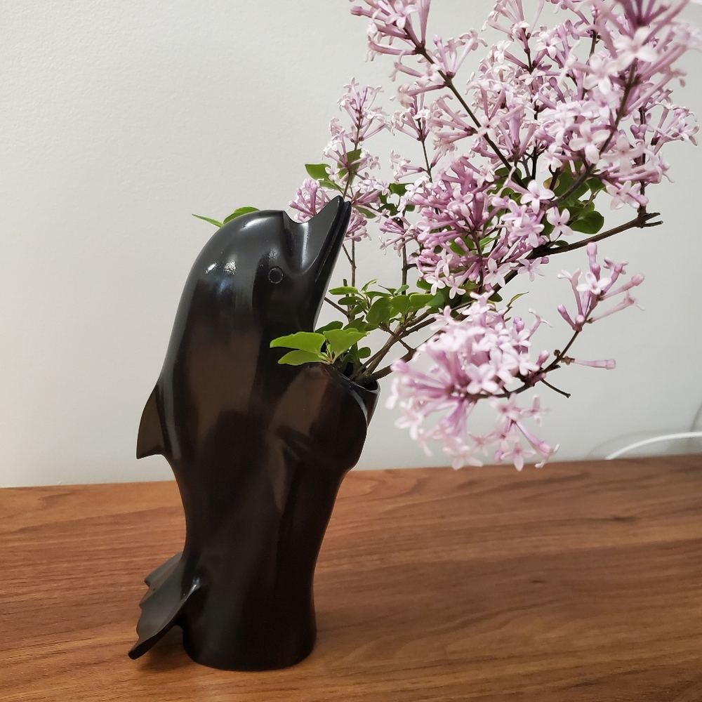 Vintage carved Ironwood dolphin bud vase planter figurine